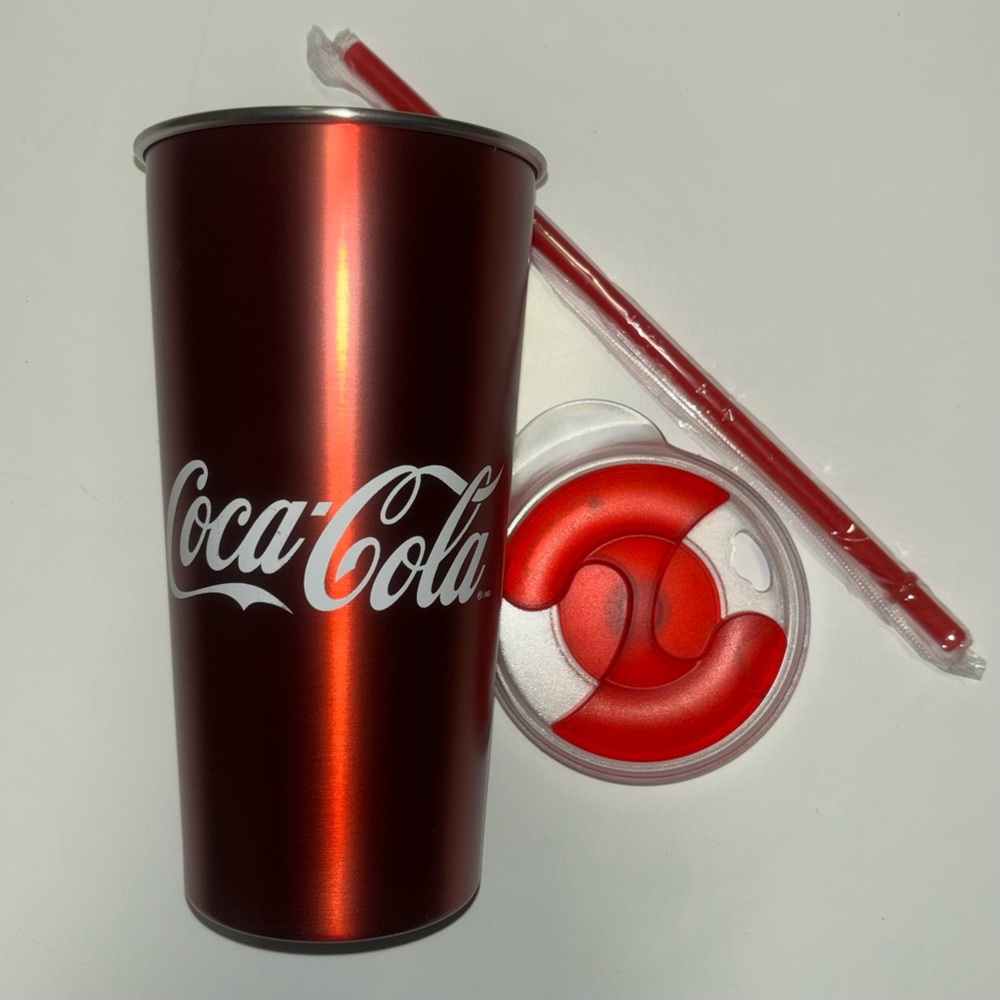 Coca Cola Metal Red Tumbler with Lid and Straw
